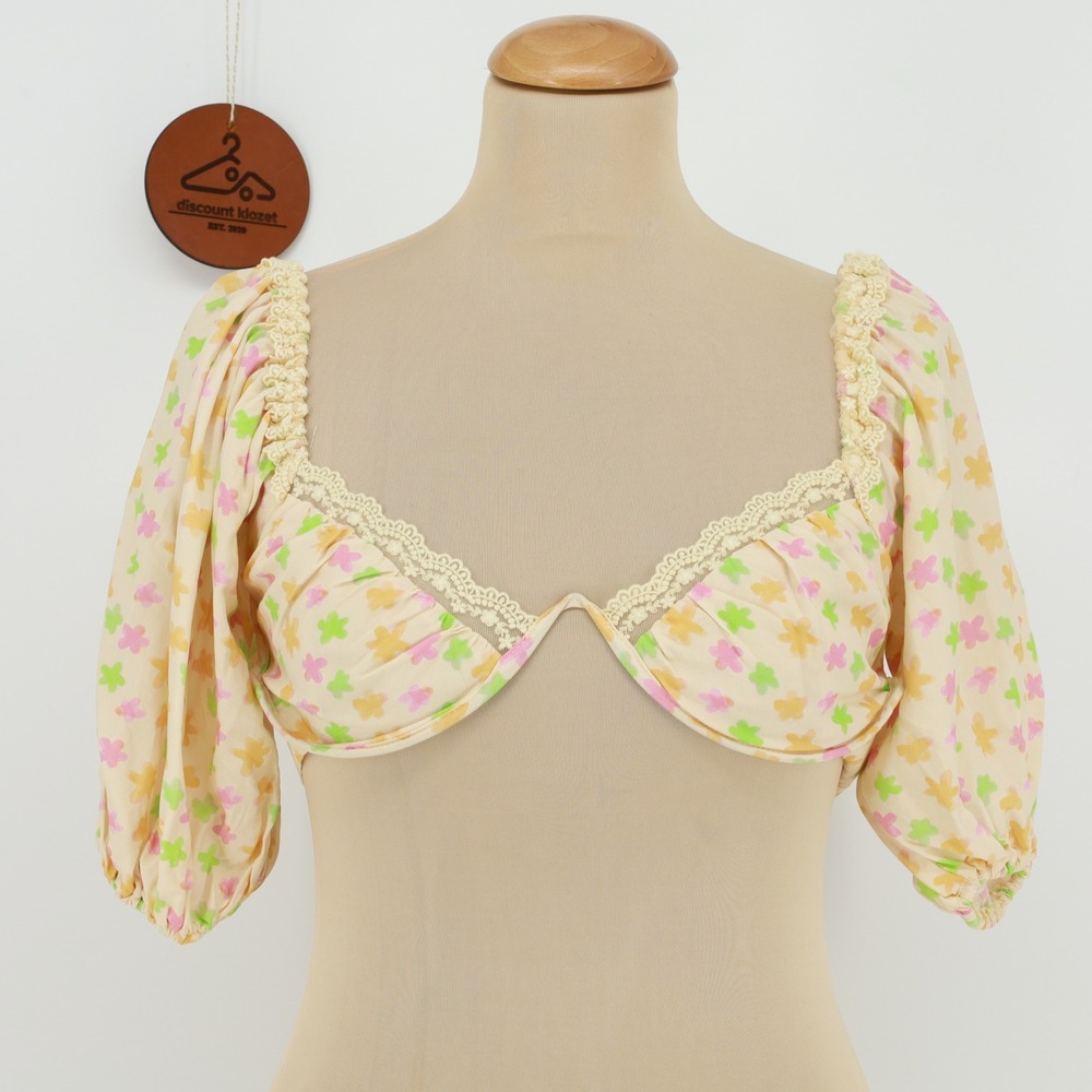 Princess Polly Floral Puff Sleeve Smocked Crop Top Yellow Pink Green Size 2 Boho